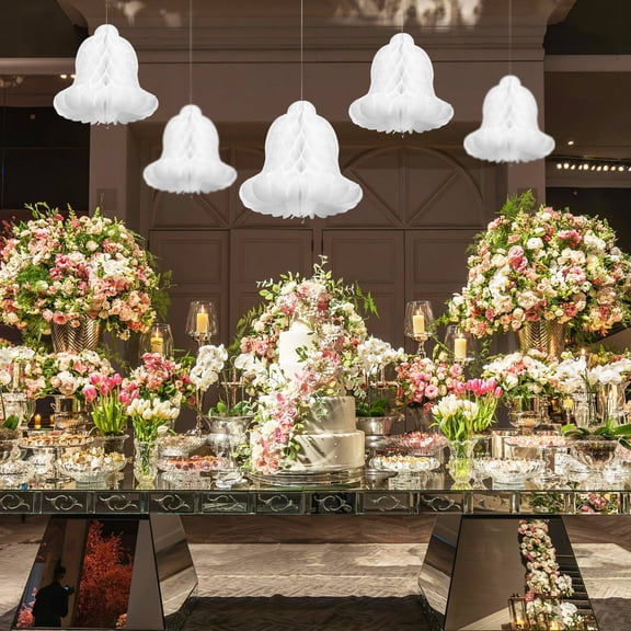 HONMEET 5Pcs Hanging Honeycomb Bells in White Paper for Wedding Christmas and Party Decor