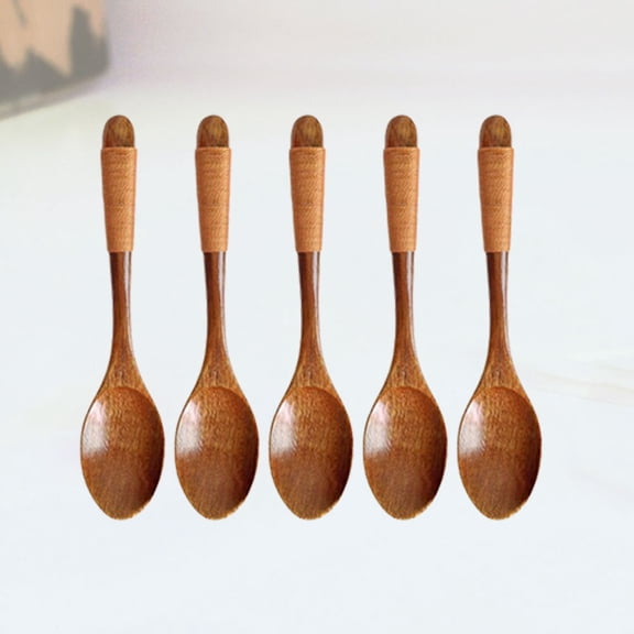 HONMEET 5-Piece Wooden Dessert Spoons Set, Chocolate Color Natural Wood, Kitchen Utensils for Household Use