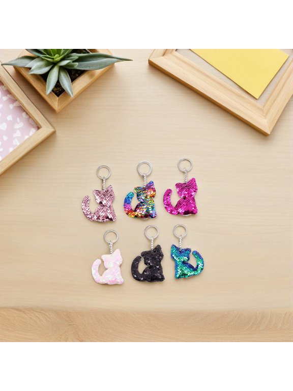 6-Pack Multi-Color Sequin Cat Keychains Keychain Charms for Car Keys, Bags, and Accessories