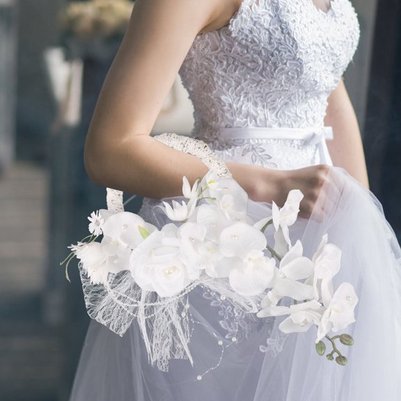 HONMEET Bride Butterfly Orchid Hand Wreath White Silk Plastic Wedding Prop