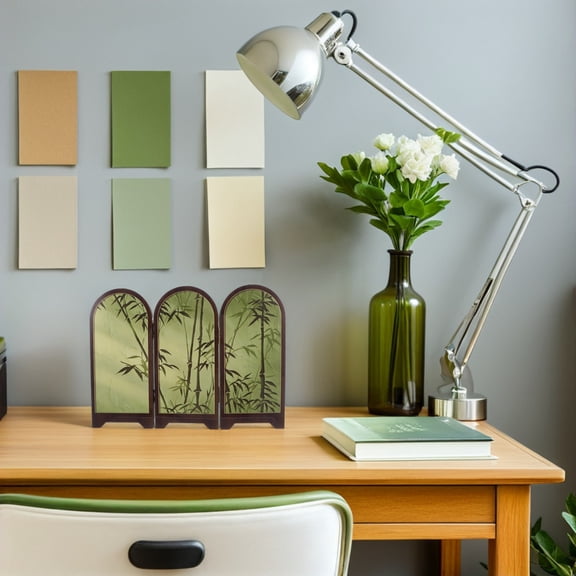 HONMEET Asian Room Divider Folding Screen Tabletop Ornament with Handcrafted Bamboo Leaf Design