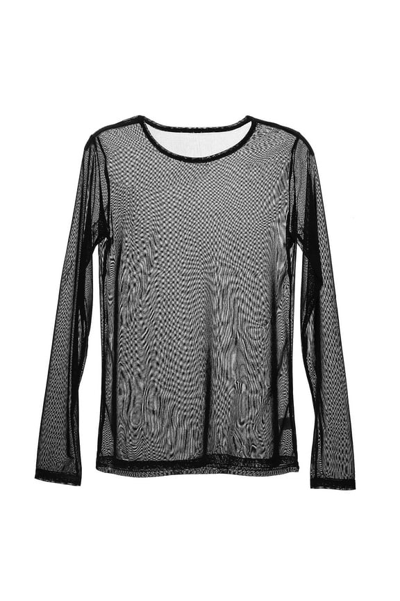 Women's Black Mesh Sleeve Top, See-Through Polyester Blouse, Flattering Fit Layering Essential, Size XL