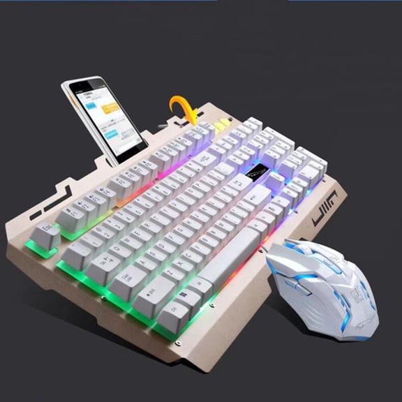 HONMEET Cool LED Backlit White Gaming Keyboard and USB Mouse Combo for Computers