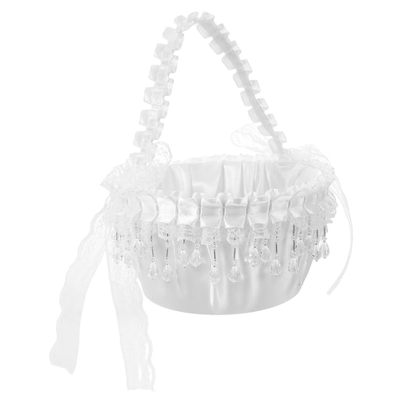 HONMEET Elegant White Satin Wedding Basket with Lace Detail and Crystal Charm for Bridal Events