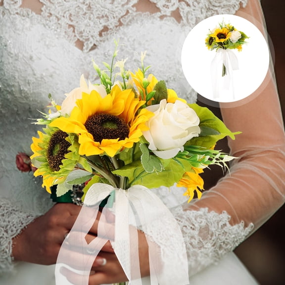 HONMEET Artificial Sunflower Bridal Bouquet Yellow Wedding Flowers for Home Decor and Party Decoration