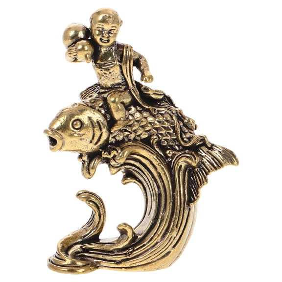 HONMEET Golden Brass Fish Statue Handmade Retro Koi Sculpture for Desktop and Tabletop Decor