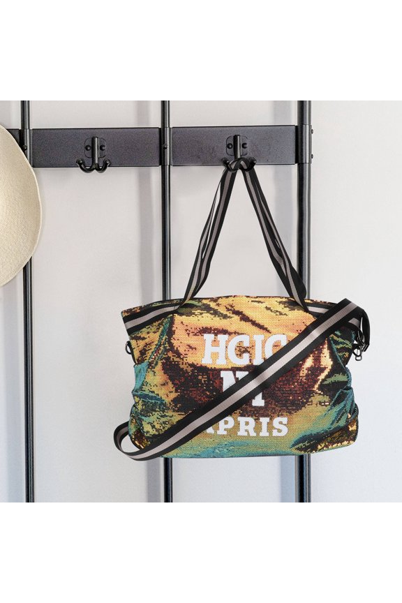 Golden Sequin Zipper Shoulder Bag with Reversible Design and Large Storage for Traveling and Picnics