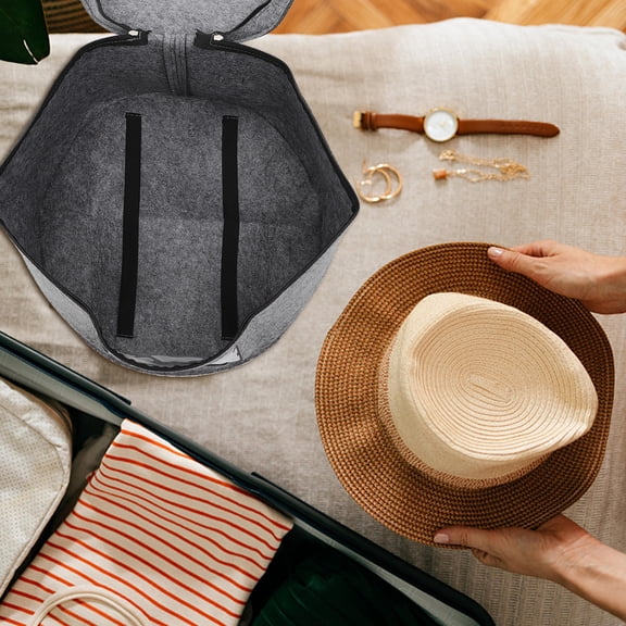 HONMEET Foldable Dark Grey Felt Hat Box with Clear Window, Round Hat Organizer for Home Storage and Travel