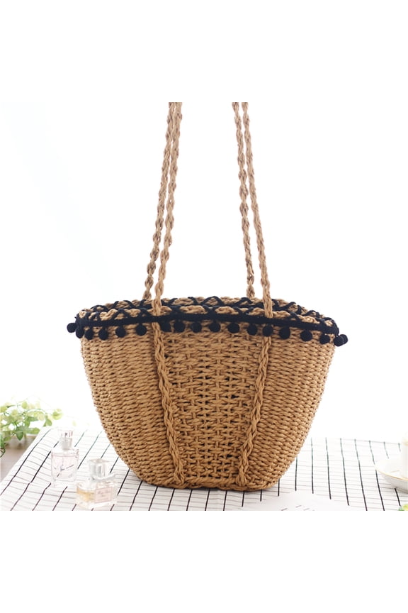 Fashion Black Woman Bag Straw Weaving Shoulder Bag for Daily Beach Travel Use
