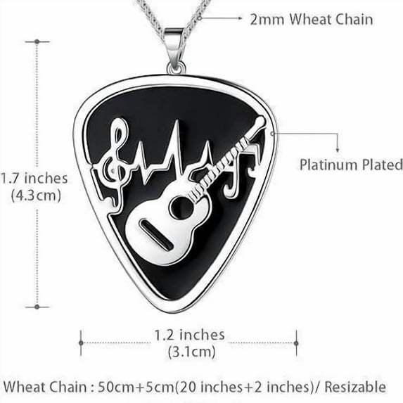 TABLZONE Black Stainless Steel Guitar Pick Necklace with Music Note Pendant, Stylish Music Jewelry for Men and Women