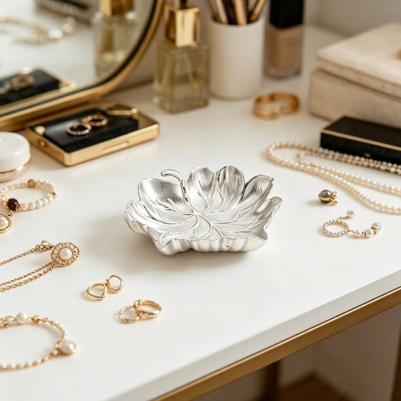 HONMEET Plated Silver Metal Leaf Jewelry Tray and Serving Dish for Rings Earrings and Snacks