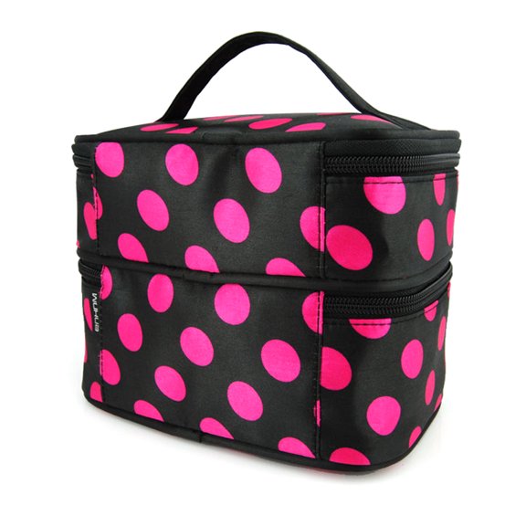 HONMEET Polka Dots Travel Makeup Organizer with Dual Zipper Closure Double Layer Design