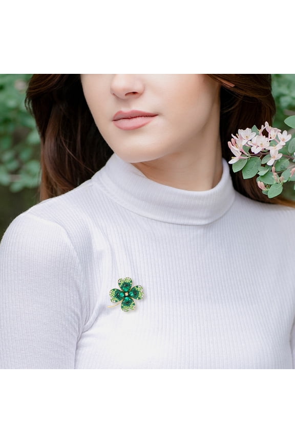 Irish Shamrock Lapel Pin with Green Crystal Rhinestones Stylish Alloy Brooch