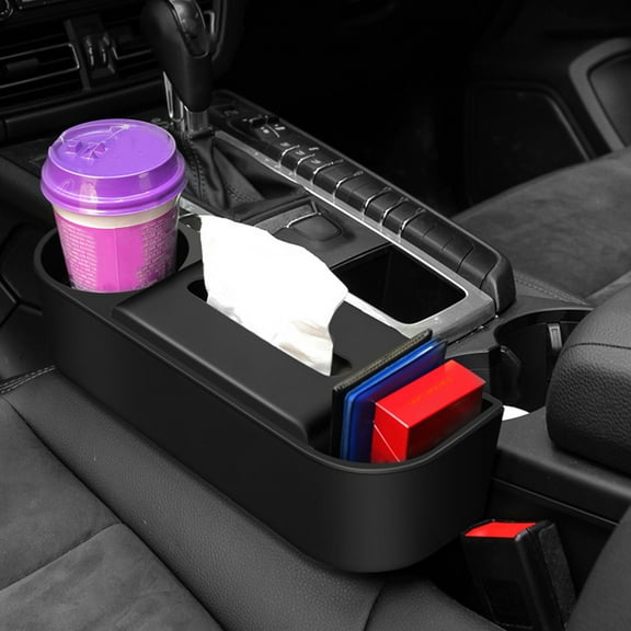 HONMEET Black Car Console Organizer with Cup Holder, Seat Gap Storage Box, and Multi-Compartment Design for Vehicle