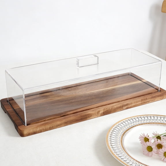 HONMEET Transparent Acrylic Bread Box with Wood Base for Cake Display and Serving