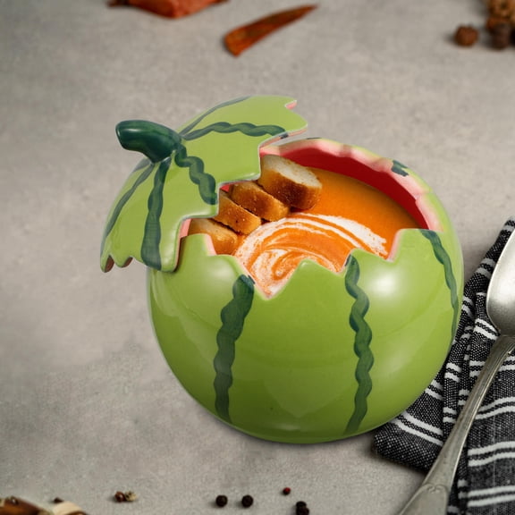 HONMEET Multi Color Watermelon Shape Ceramic Bowl with Lid for Ramen Soup Dessert Serving