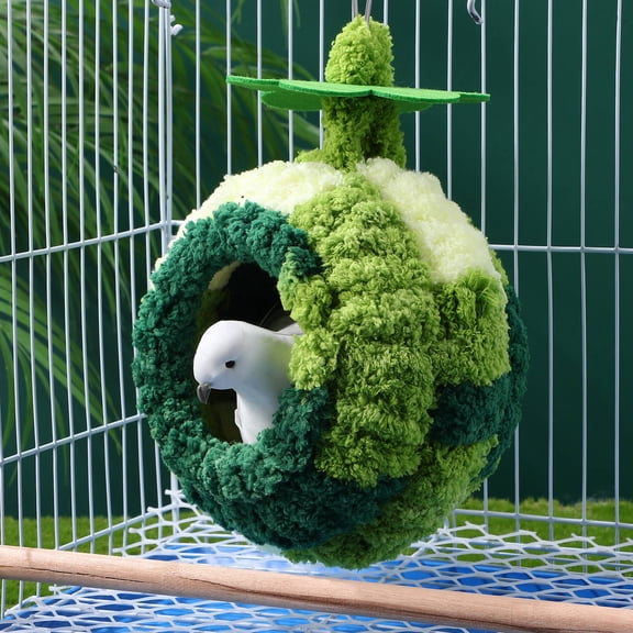 HONMEET Warm Plush Bird Nest House Green Hanging Parakeet Bed Cozy Shelter for Cage