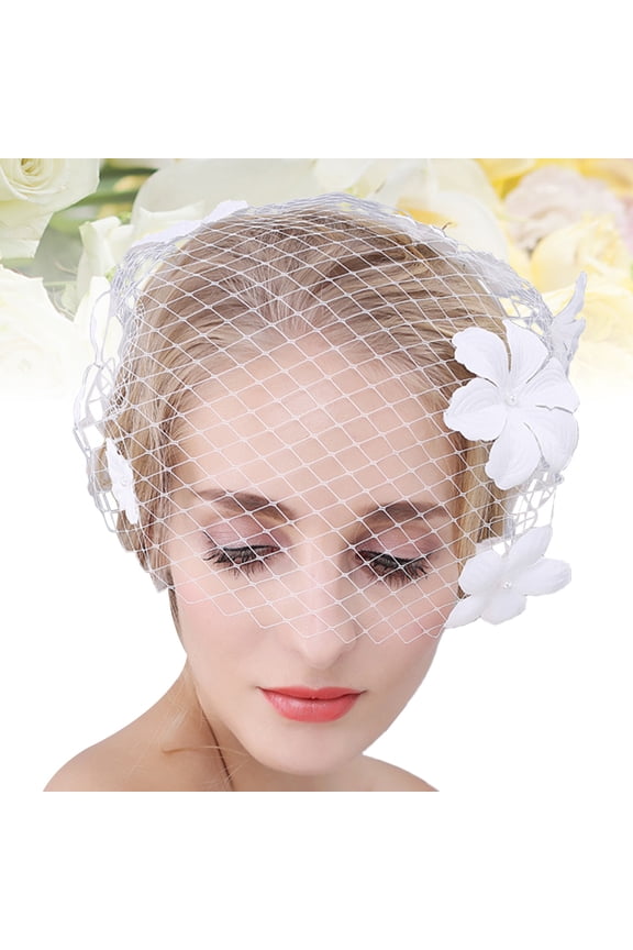 Wedding Headpiece with Veil, White Bridal Flower Veil, Mesh Face Cover, Elegant Bride Hair Accessory Set for Women
