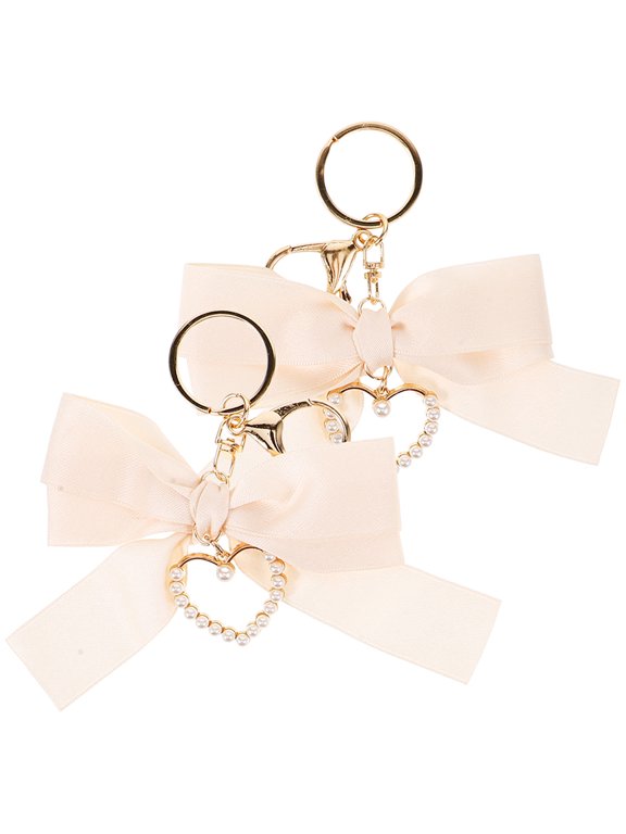 Cute White Bow Keychain Set, Metal and Fabric for Car and Purse, 2Pcs