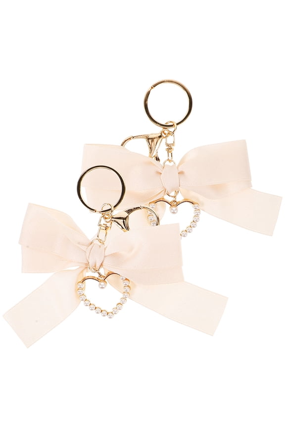 Cute White Bow Keychain Set, Metal and Fabric for Car and Purse, 2Pcs