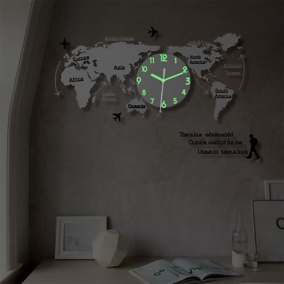 HONMEET World Map Wall Clock Plated Silver Decorative Silent Hanging Clock for Home Office Wall Art