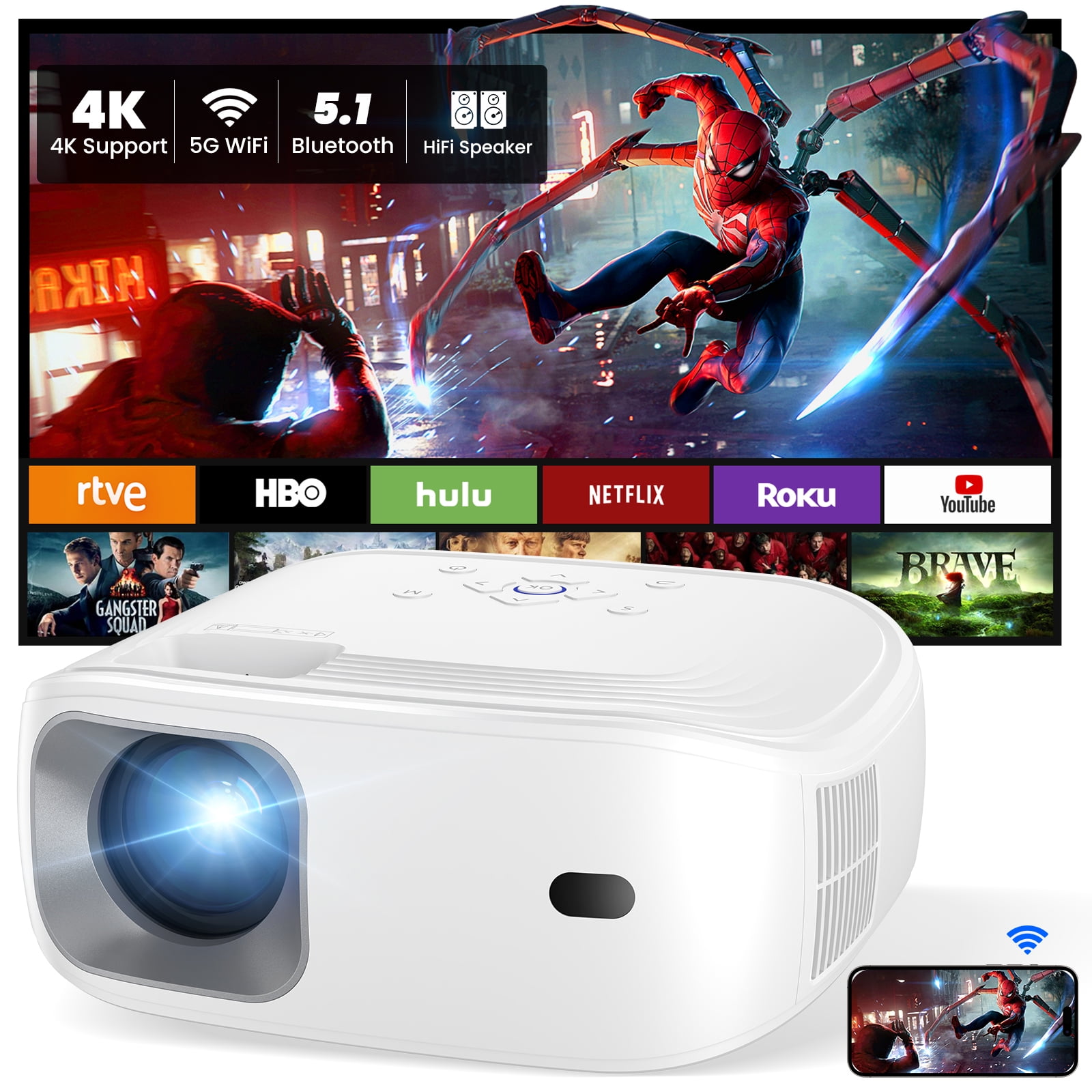 HONPOW 4K Support Portable Mini Projector with Wifi/Bluetooth/Speaker