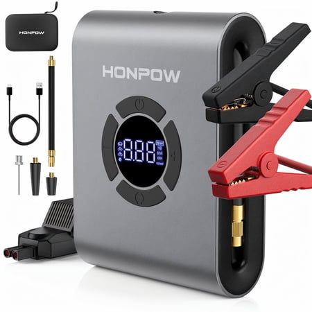 HONPOW Portable Car Jump Starter with Air Compressor 150PSI 2000A Peak Battery Booster Pack (up to 8.0L Gas or 5.5L Diesel Engine) 12V Jump Box with Jumper Cables Digital Tire Inflator Led Light Gray