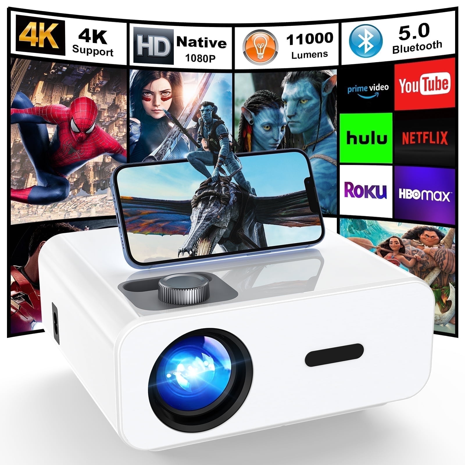 HONPOW 1080P Full HD Projector, 11000 Lumens, Bluetooth, Portable