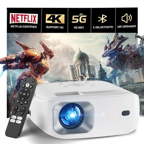 HONPOW Smart Projector with Wifi and Bluetooth/Android TV Native 1080P Movie Projector Built-in Apps Google TV Portable Projector for Home Theater Office 4K Support
