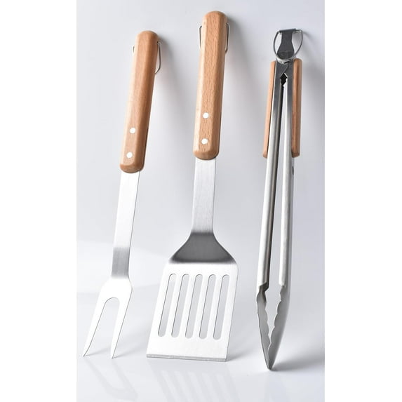HONSHEN 3Pack Barbecue Tool Sets, Heavy Duty Stainless Steel Lifting Ring and Wooden Handles BBQ Tool Sets,Grill Accessories,Grilling Spatula,Fork,Tongs for Outdoor Grill Cooking