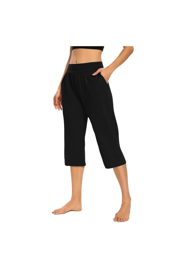 Lightweight Capris for Women Solid Elastic Waist Pocket Cropped Pants Casual Stretchy Stylish Pants for Spring Summer Women's Clothing Black