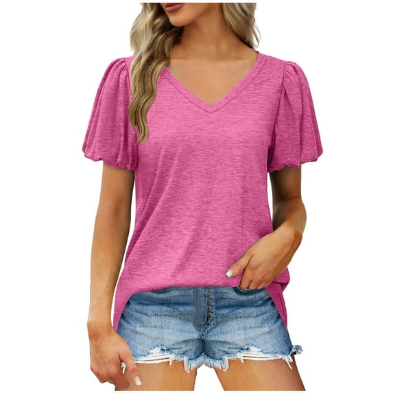 HONVEIO Womens Blouses Fashion Women's Summer V-Neck Short Sleeve Solid Casual T-shirt Blouse Blouses for Women 2102 S-585 Pink-a XXL