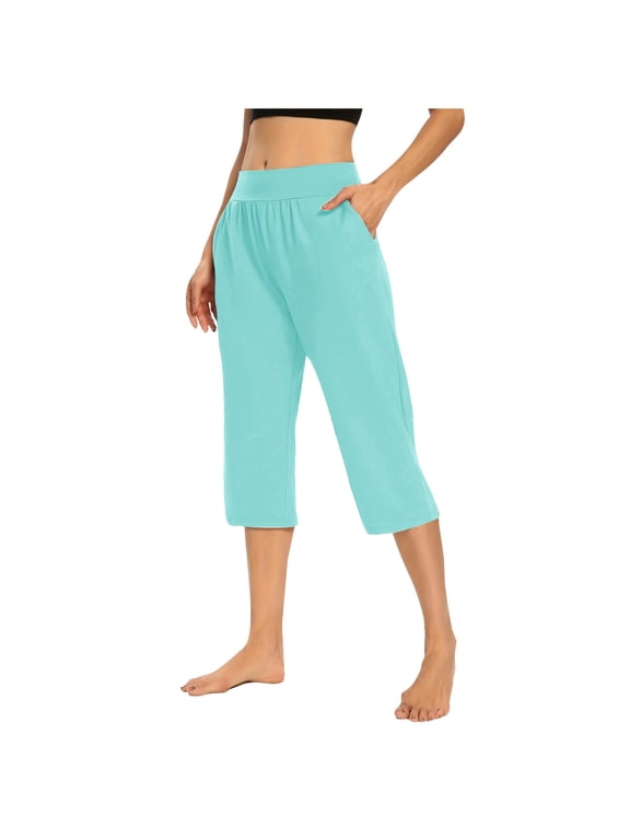 Womens Capris Solid Elastic Waist Pocket Cropped Pants Casual Stretchy Stylish Pants for Spring Summer Women's Clothing Mint Green