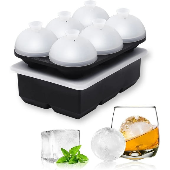 HONYAO Whiskey Cocktail Ice Mold, Silicone Round Ice Ball Maker Mold Large Square Ice Cube Tray with Lid - 6 Ice Balls + 6 Ice Cubes Black