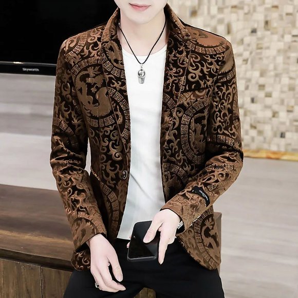 HOO Men's Gold Velvet New Casual Slim Handsome Printed blazer
