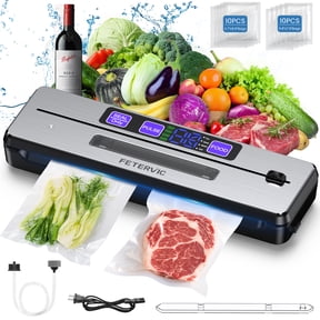 FETERVIC 8 in 1 Vacuum Sealer Machine, 90KPA 130W Sealer with Built-in Cutter, LED Display, 6 Sealing Modes, 20Pcs Seal Bags for Home Storage
