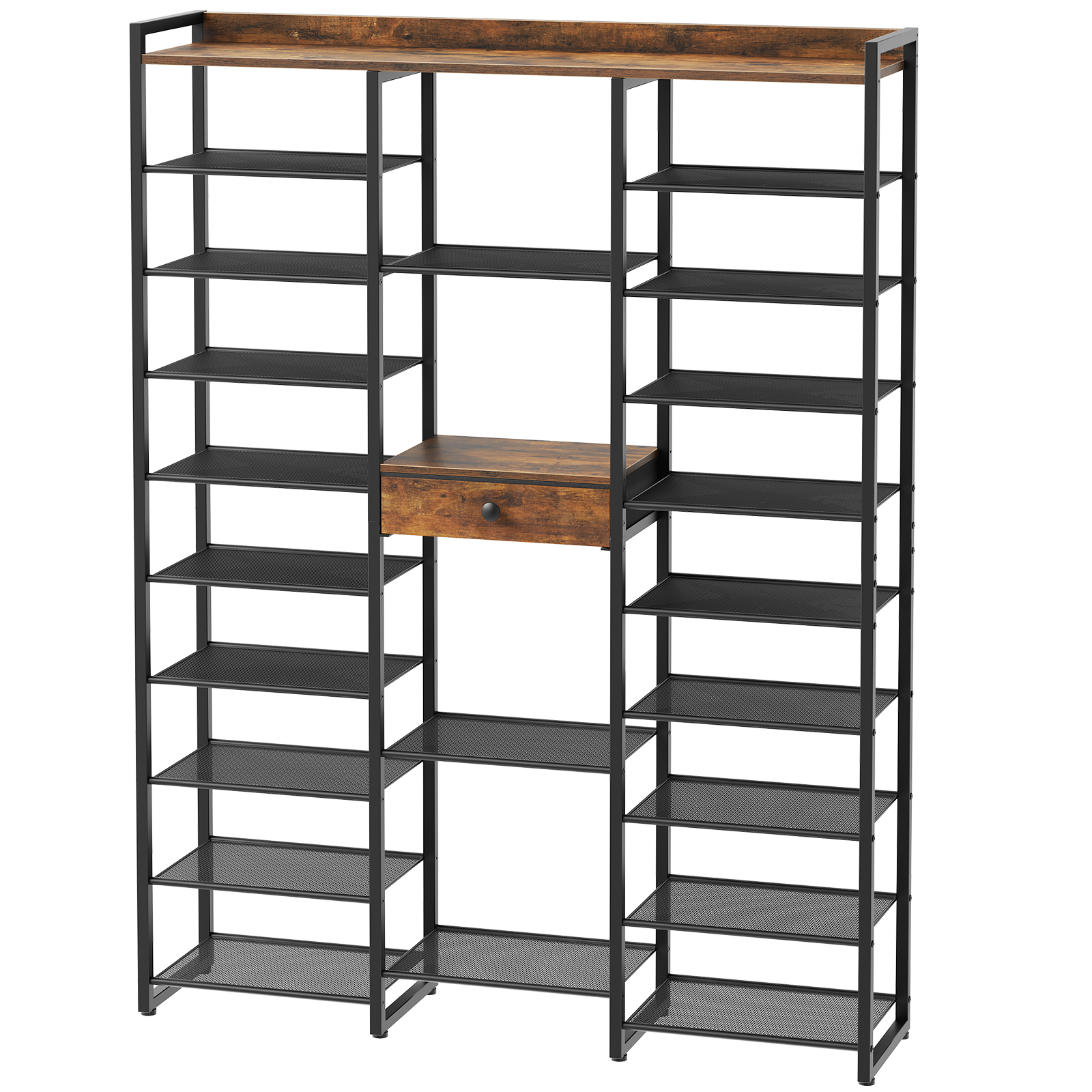 HOOBRO 10-Tier Shoe Rack Tall, Shoe Storage Organizer, 63-Inch Tall Storage Rack with Fabric Drawer, Sturdy Metal Support and Adjustable Feet, for Living Room, Rustic Brown and Black BF120XJ01