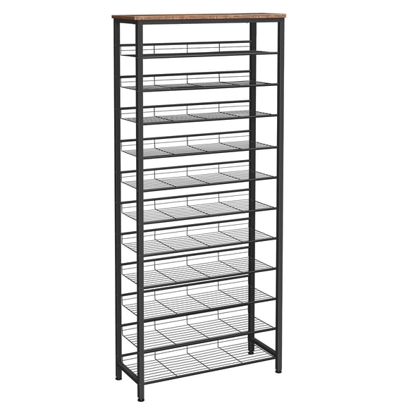 HOOBRO 12-Tier Shoe Rack with Slanted Shelves, Rustic Brown and Black