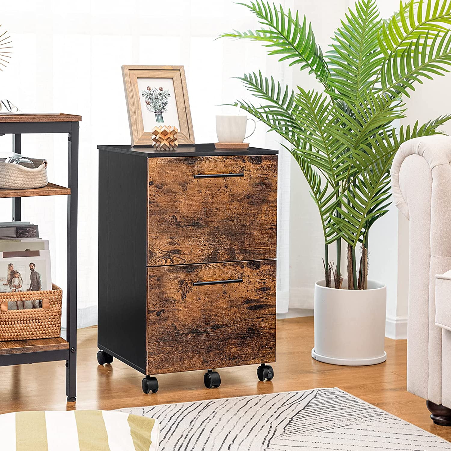 2 Drawer Mobile File Cabinet, Rolling Printer Stand With Open Storage Shelf Fabric Vertical Filing Cabinet Fits A4 Letter Size Home Office Rustic Brown Woo 2 Drawer Mobile File Cabinet, Rolling Printer Stand With Open Storage Shelf Fabric Vertical Filing Cabinet Fits A4 Letter Size Home Office Rustic Brown Woo