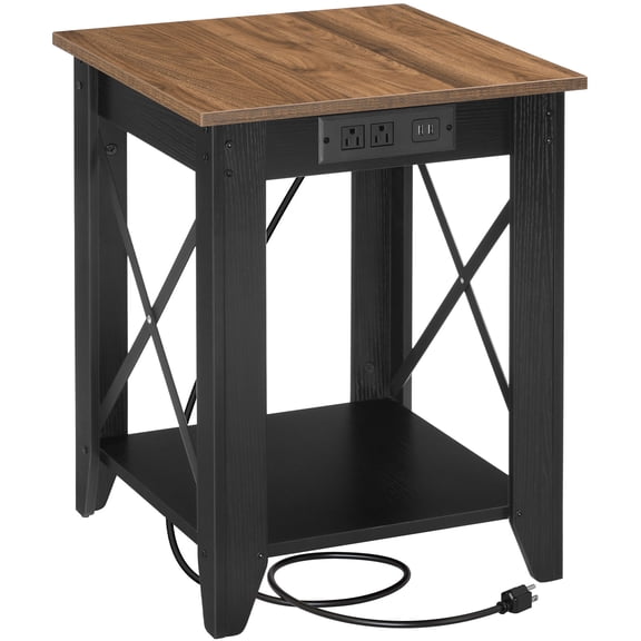 HOOBRO 2-Tier End Table with Charging Station, Black and Walnut