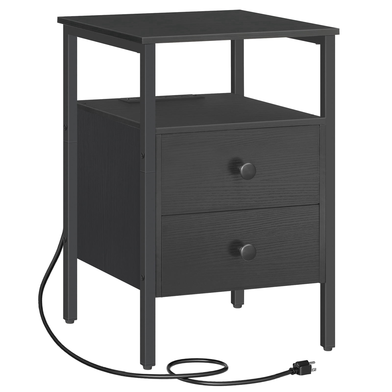 HOOBRO 24'' Tall 2 - Drawer Iron Nightstand with Storage and Built-In Outlets Black BB431BZ01G2