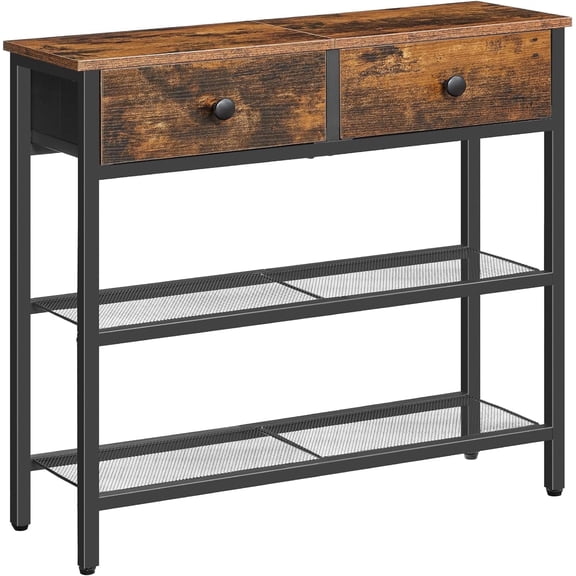HOOBRO 29.5" Narrow Console Table with 2 Fabric Drawers and 3-Tier Storage Shelves for Living Room Rustic Brown and Black BF72XG01