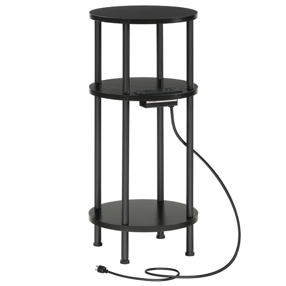HOOBRO 3-Tier Round End Table with Charging Station & Storage, Black