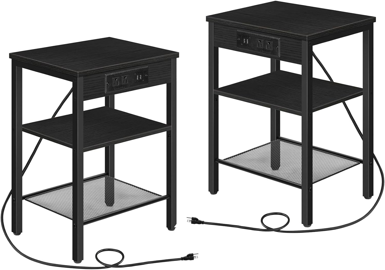 HOOBRO 3Tier Set of 2 15" End Tables with USB Port & Adjustable Shelves Living Room Brown