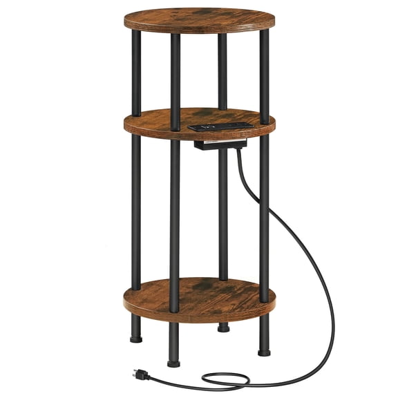 HOOBRO 3-Tier Round Side Table with Charging Station, Rustic Brown