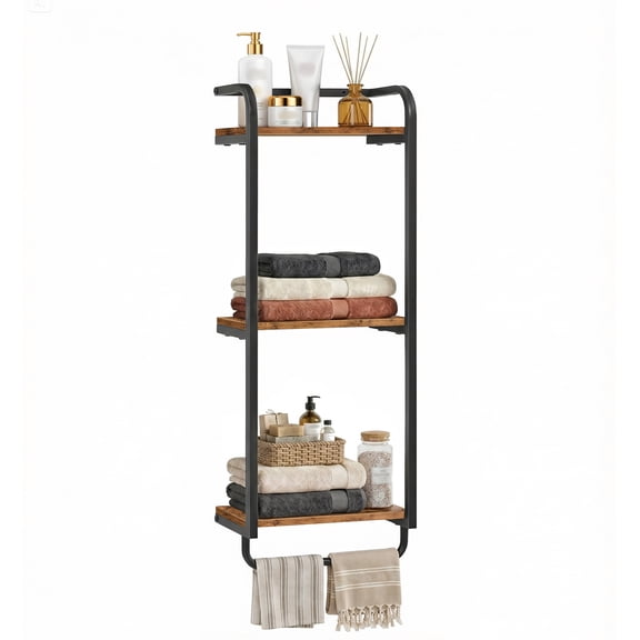 HOOBRO 3-Tier Wall Mounted Towel Rack with Hanging Bar, Black and Rustic Brown