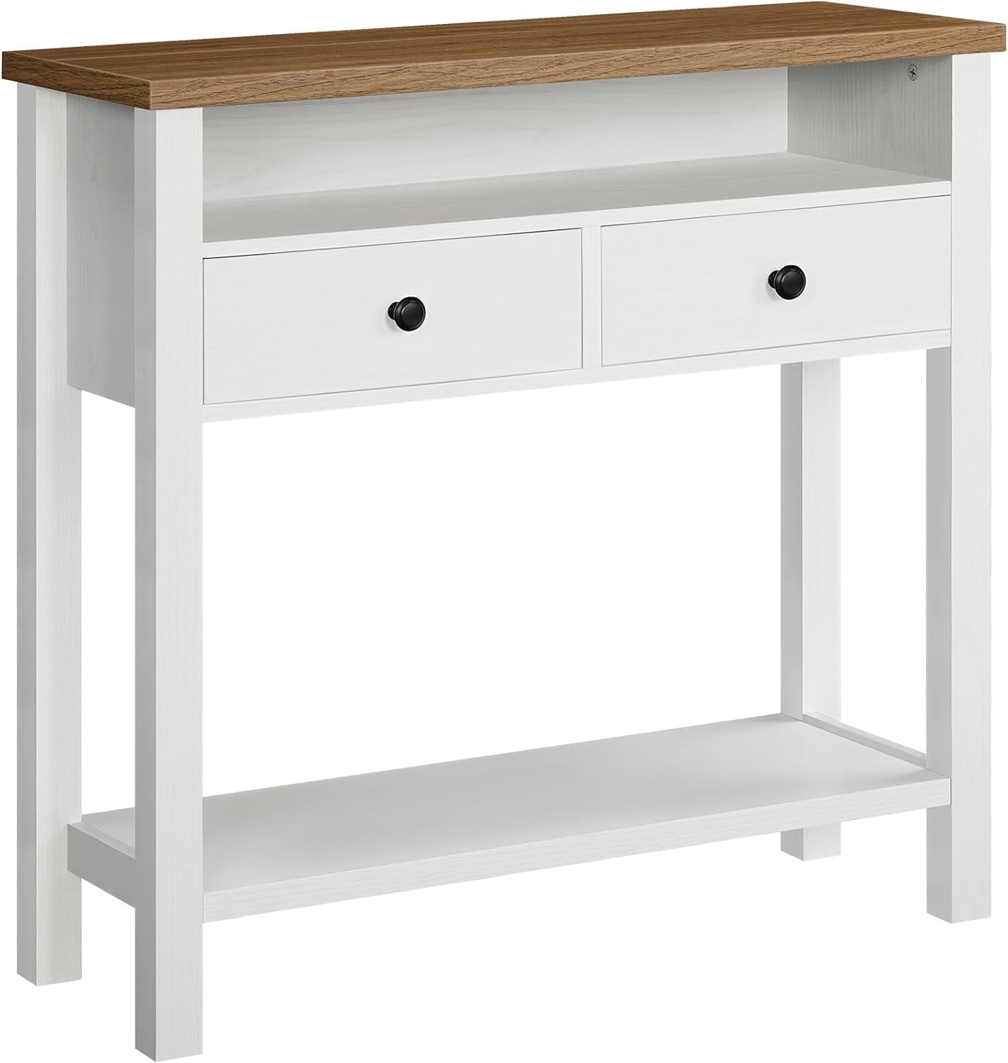 HOOBRO Farmhouse Entryway Table with 2 Drawers, White and Walnut