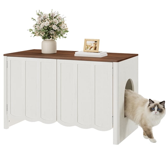 HOOBRO 31.5" Hidden Litter Box Enclosure End Table with Wavy Panels, Side Entry & Push-to-Open Doors, Cloud White and Walnut