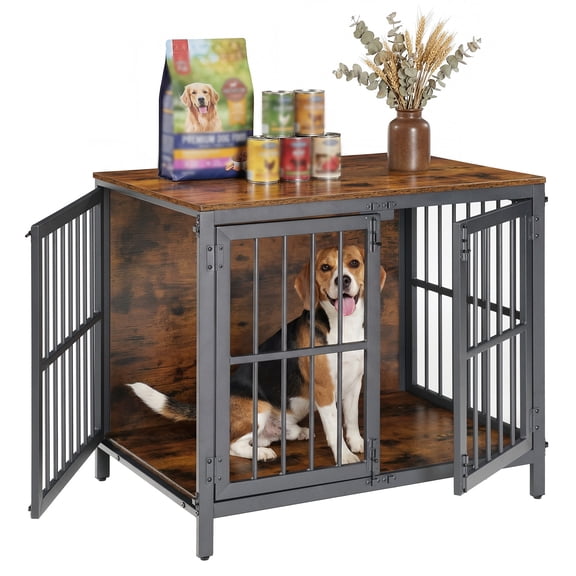 HOOBRO 31.5-Inch Heavy-Duty Dog Crate Side Table with 3 Doors, Chew Resistant, Rustic Brown and Black
