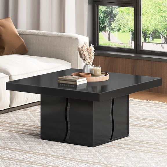HOOBRO 31.5" Square Coffee Table with T-Shaped Storage & LED Light, Black